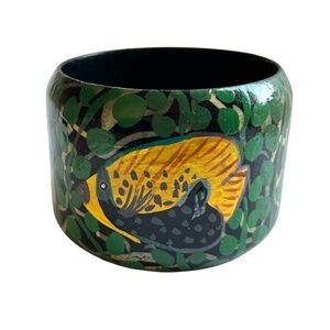 Vintage Hand Painted Wood Bangle Bracelet Signed FISH!